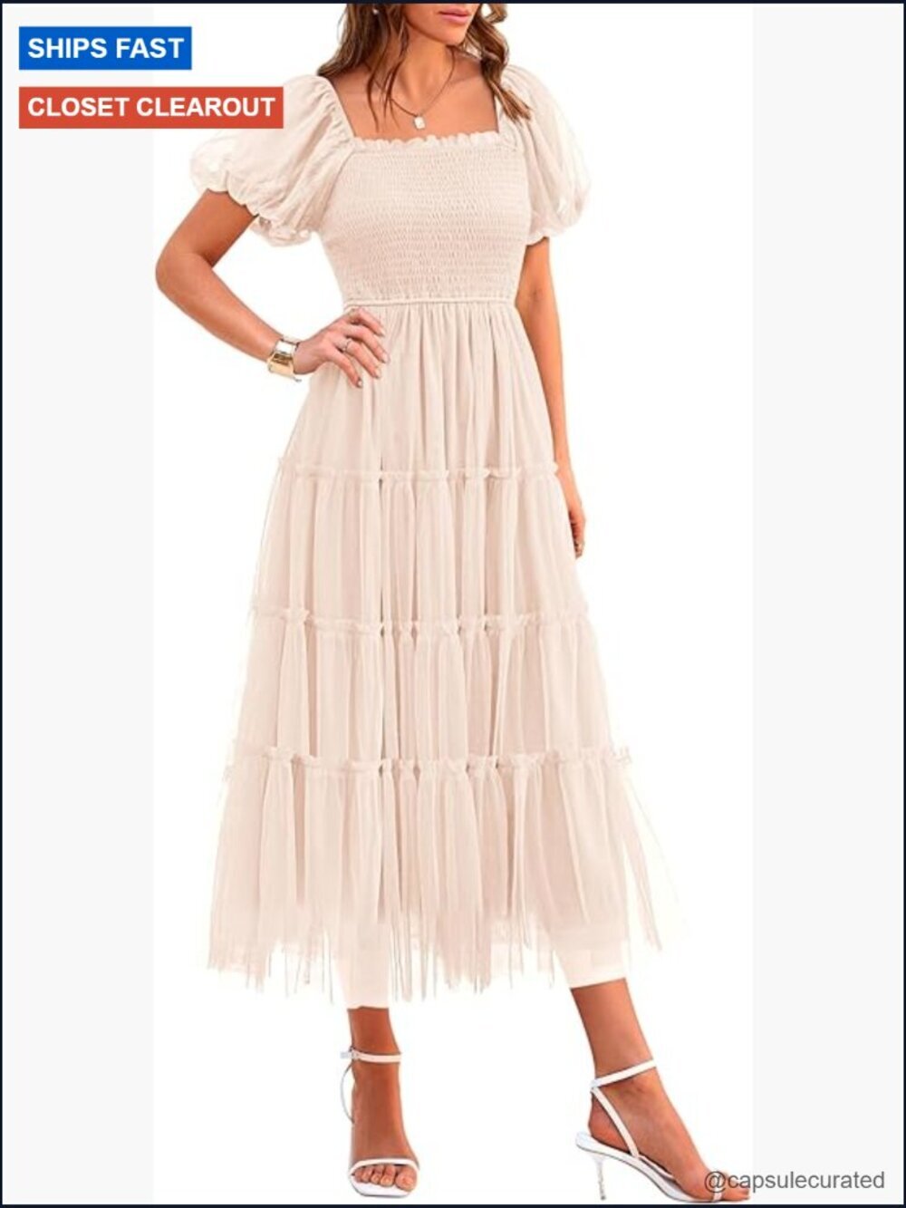 Women's Smocked Midi Tulle Dress Puffy Short Sleeve Square Neck Ruffle Wedding